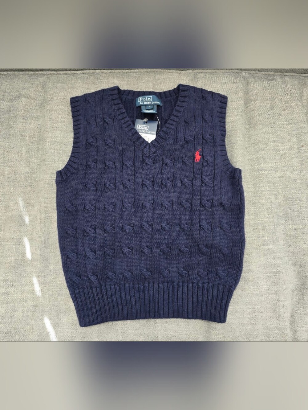 Polo by Ralph Lauren Boy's Navy Cable-Knit V-Neck Sweater Vest with Red Pony Siz